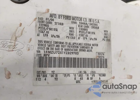 2000 Ford Explorer Xls z USA, uszkodzony, nr VIN 1FMZU72X1YZB29785